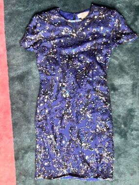 Adrianna Papell Midnight Blue Short-Sleeve Beaded Mini Dress